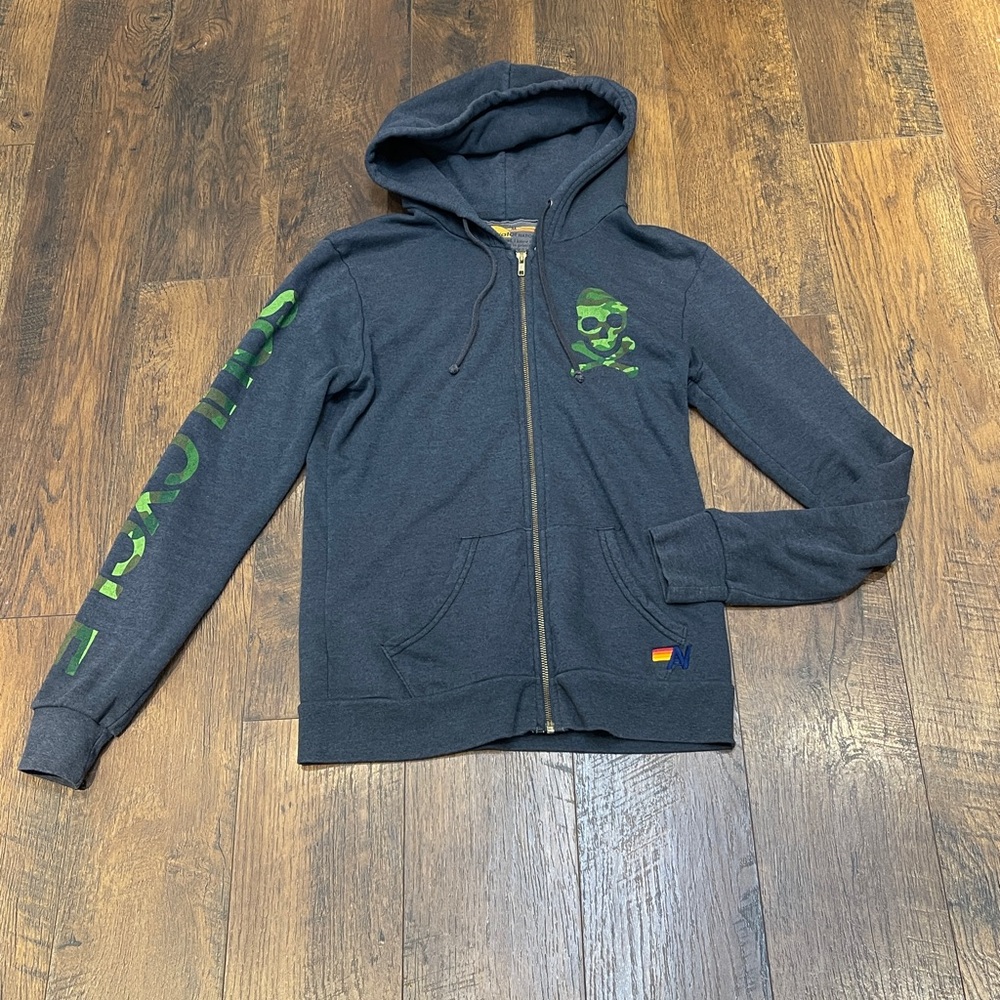 Aviator Nation Soul Cycle blue Zip-Up Sweater with skull size medium